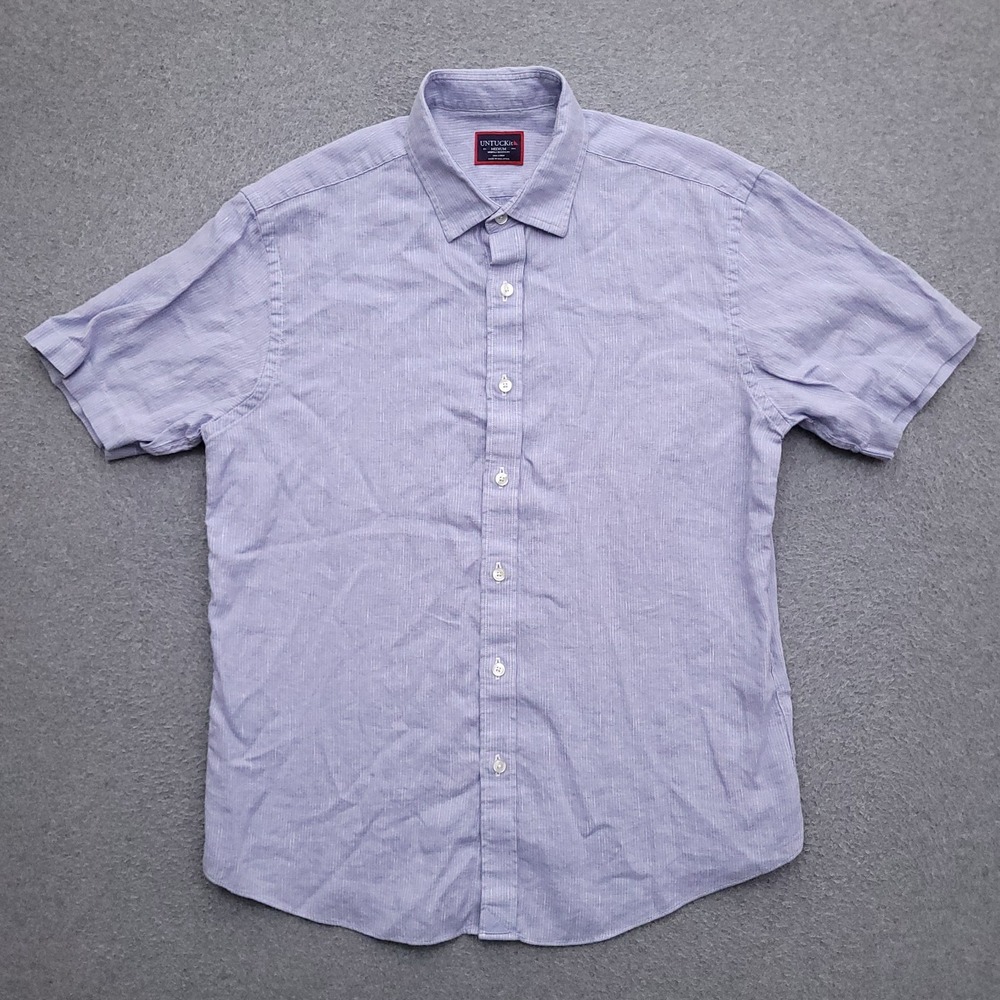 UNTUCKit Linen Shirt Mens Medium Wrinkle Free Blue Stripe Short Sleeve Button Up
